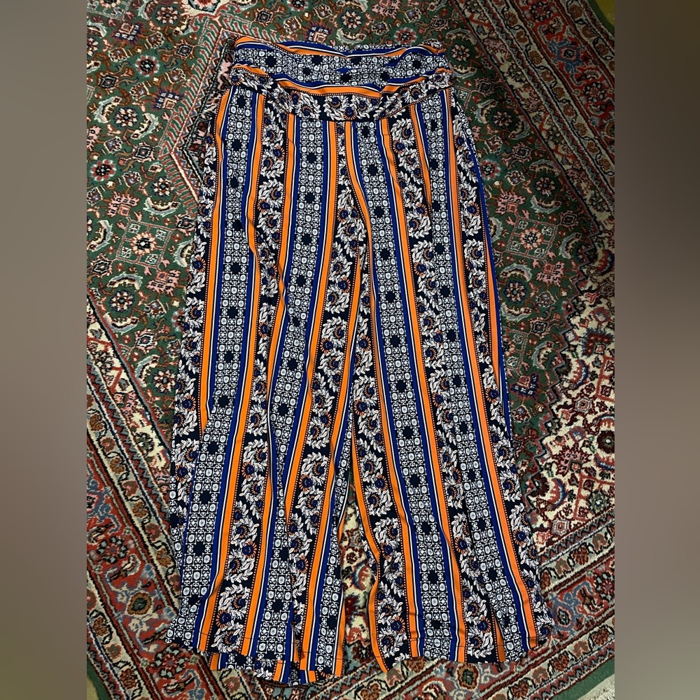 Striped Floral Wide-Leg Pants